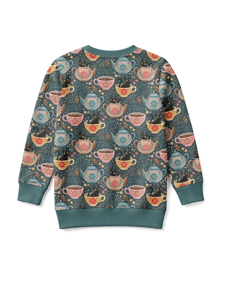 Folk Floral Black Cat Tea Party Bamboo Crewneck Sweatshirt