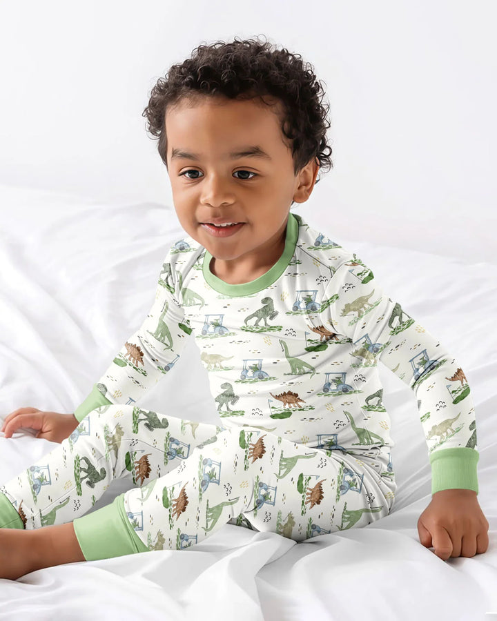 Dinos On The Green Daddy & Me Matching Bamboo Two Piece Long Sleeve Pajama Set