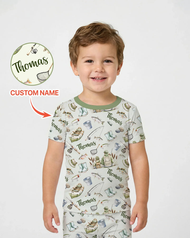 Custom Name Fishing Day Daddy & Me Matching Bamboo Two Piece Short Sleeve Pajama Set