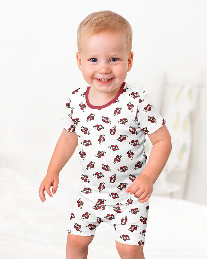 Old School Dad Hearts Daddy & Me Matching Bamboo Two Piece Short Sleeve Shorts Pajama Set