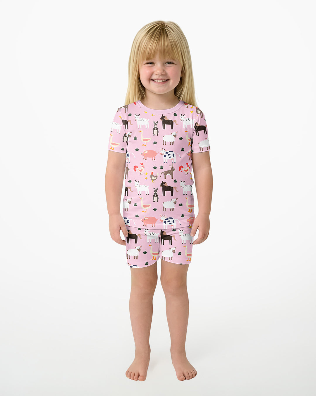 Rosa Bauernhoftiere Bambus Zweiteiliger Kurzarm Shorts Pyjama-Set