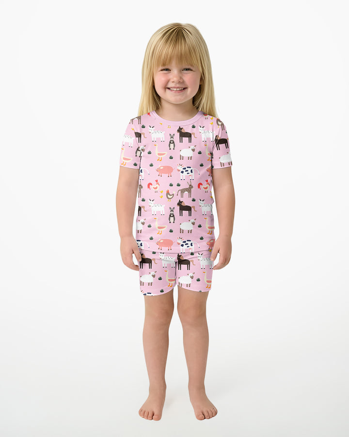 Rosa Bauernhoftiere Bambus Zweiteiliger Kurzarm Shorts Pyjama-Set