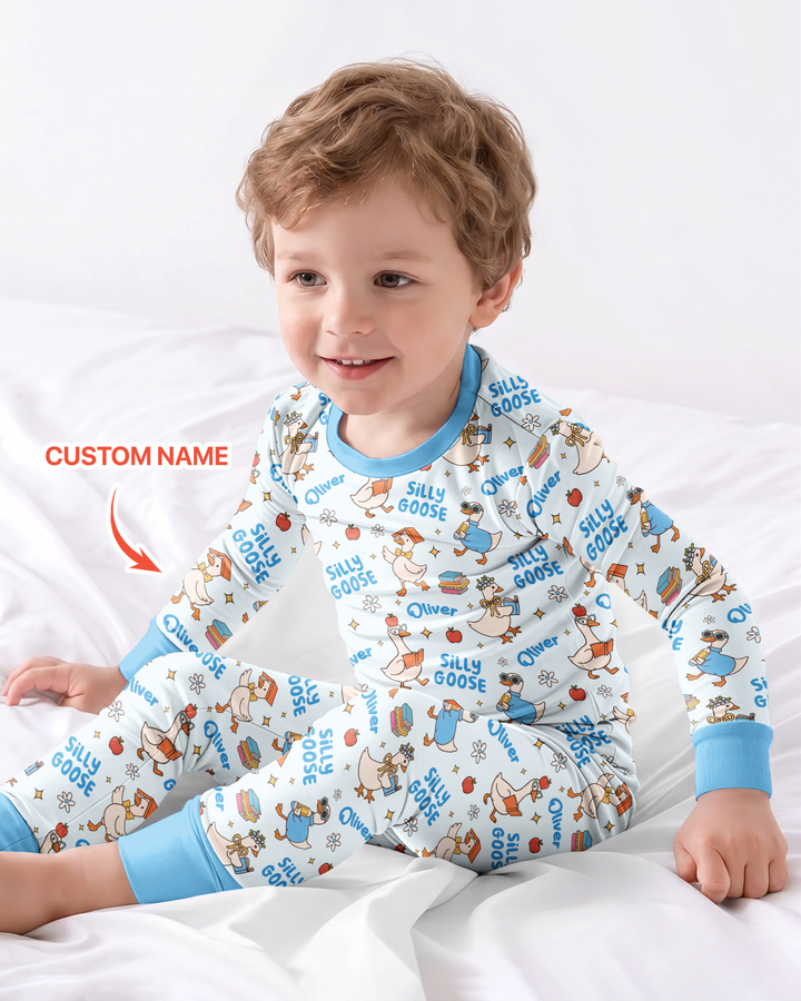 Custom Name Silly Goose Back to School Bamboo Two Piece Long Sleeve Pajama Set