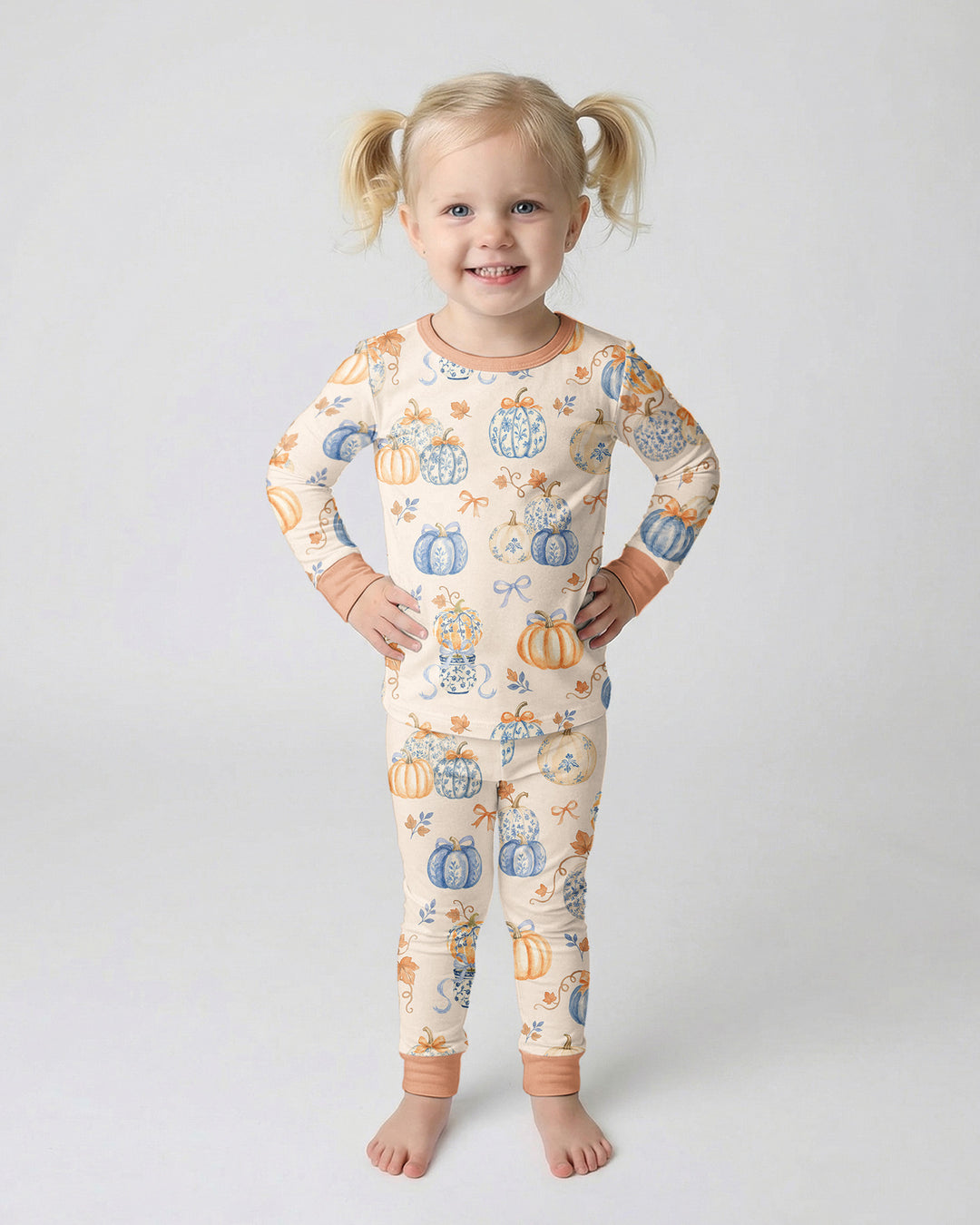 Preppy Blue and Orange Chinoiserie Pumpkin Bamboo Two Piece Long Sleeve Pajama Set