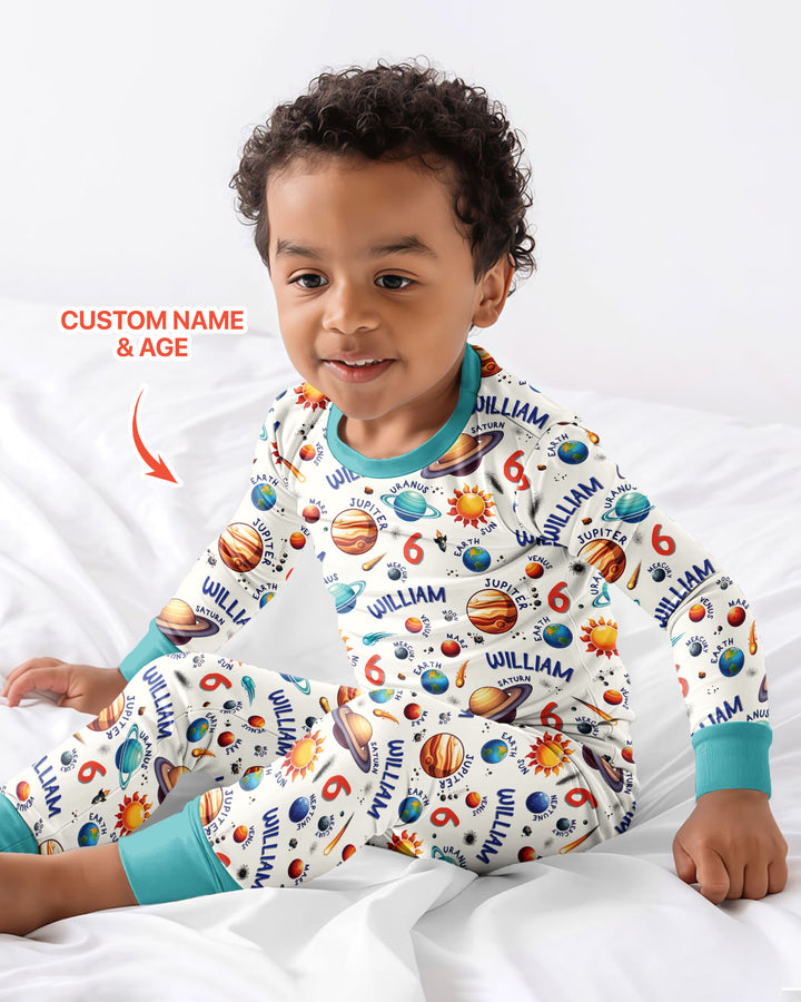 Personalized Birthday Solar System Bamboo Two Piece Long Sleeve Pajama Set