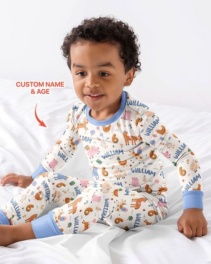Personalized Farm Animals Birthday Bamboo Two Piece Long Sleeve Pajama Set