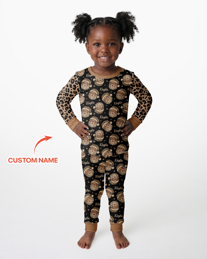 Custom Name Vintage Leopard Santa Bamboo Two Piece Long Sleeve Pajama Set