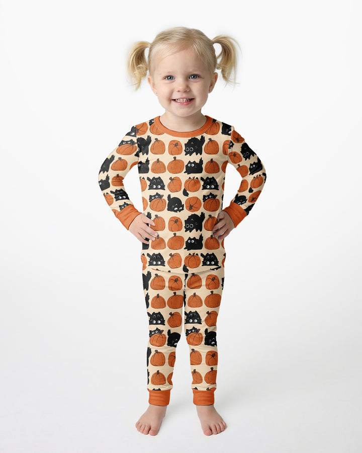 Black Cat Pumpkins Bamboo Two Piece Long Sleeve Pajama Set
