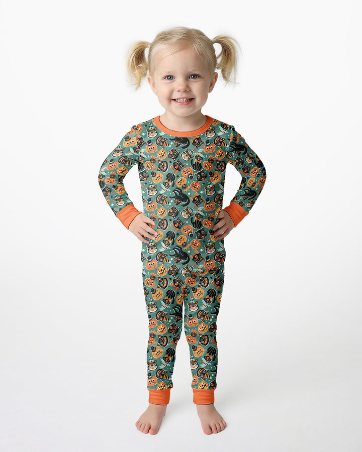 Retro Black Cat Witch Pumpkin Halloween Bamboo Two Piece Long Sleeve Pajama Set