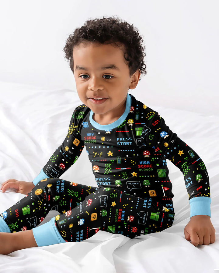 Pijama de dos piezas de manga larga de bambú con motivos de amantes de los videojuegos Pixel