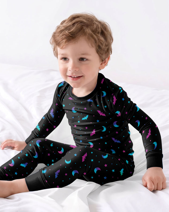 Neon Bats & Moons Night Bamboo Two Piece Long Sleeve Pajama Set