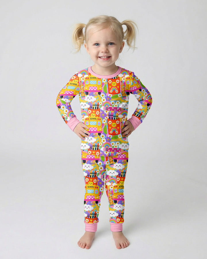 Retro Happy Classroom Bamboo Two Piece Long Sleeve Pajama Set