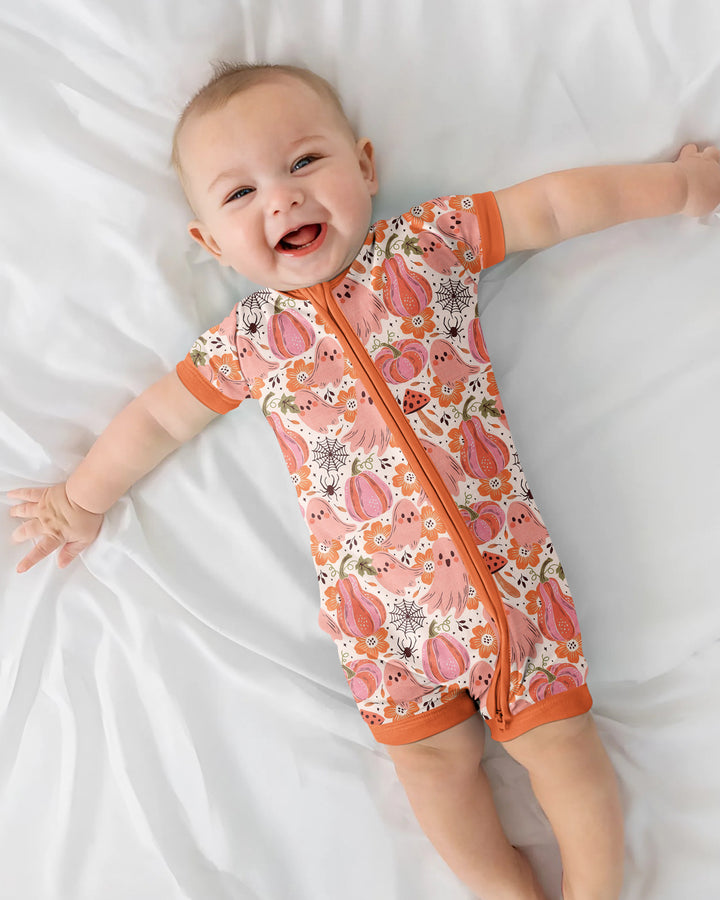 Pink Ghost Pumpkin Fall Floral Halloween Bamboo Shorty Zippy