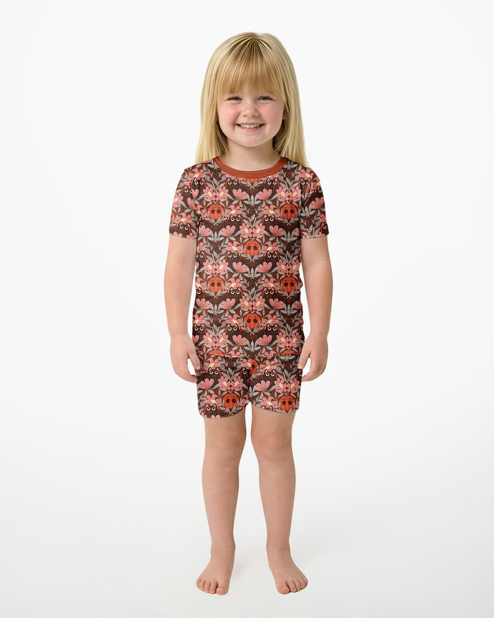 Spooky Owl Pumpkin Folk Floral Halloween Bamboo Two Piece Short Sleeve Shorts Pajama Set