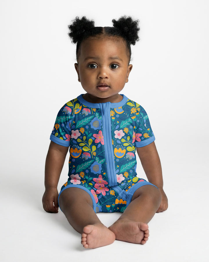 Folk Floral Bamboo Shorty Zippered Romper