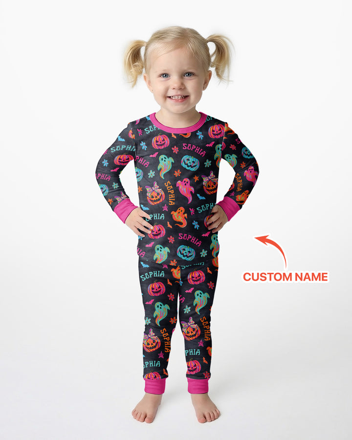 Custom Name Preppy Neon Pumpkin Bamboo Two Piece Long Sleeve Pajama Set