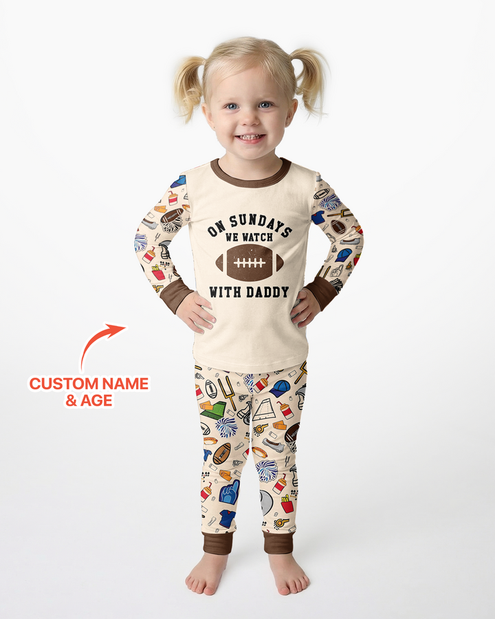 On Sundays We Watch Football With Daddy Family Matching Bamboo Two Piece Long Sleeve Pajama Set