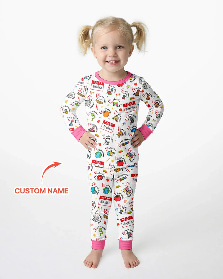 Custom Name Hello School ABCs Bamboo Two Piece Long Sleeve Pajama Set
