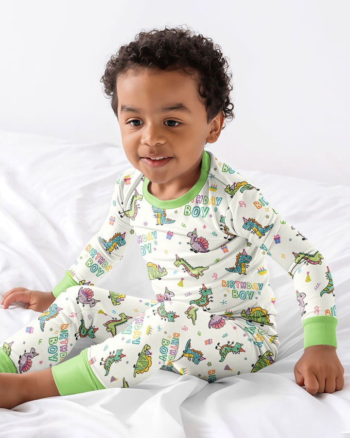 Dino Birthday Boy Bamboo Two Piece Long Sleeve Pajama Set