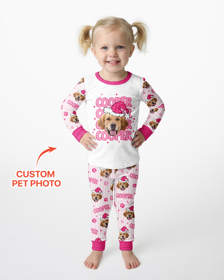 Personalized Pink Santa Dog Bamboo Two Piece Long Sleeve Pajama Set