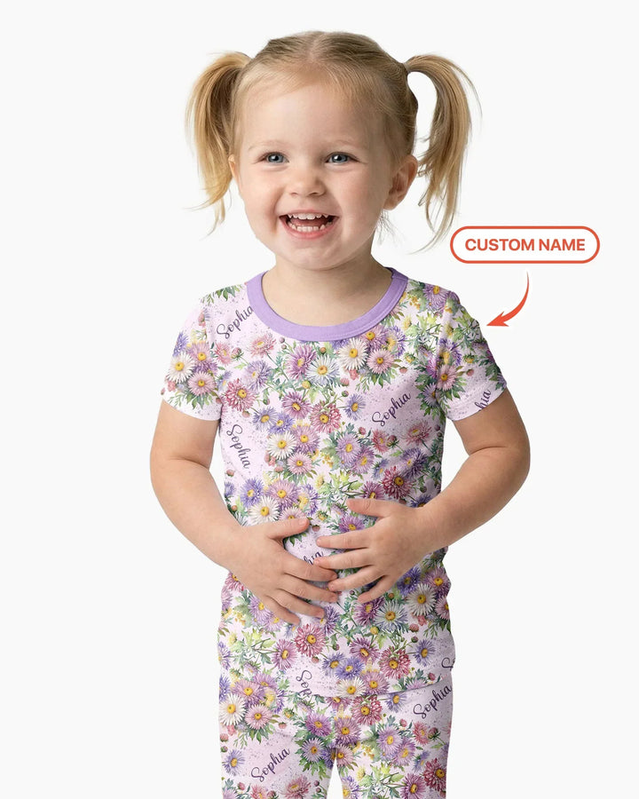 Custom Name Birth Month Flowers Bamboo Two Piece Short Sleeve Pajama Set