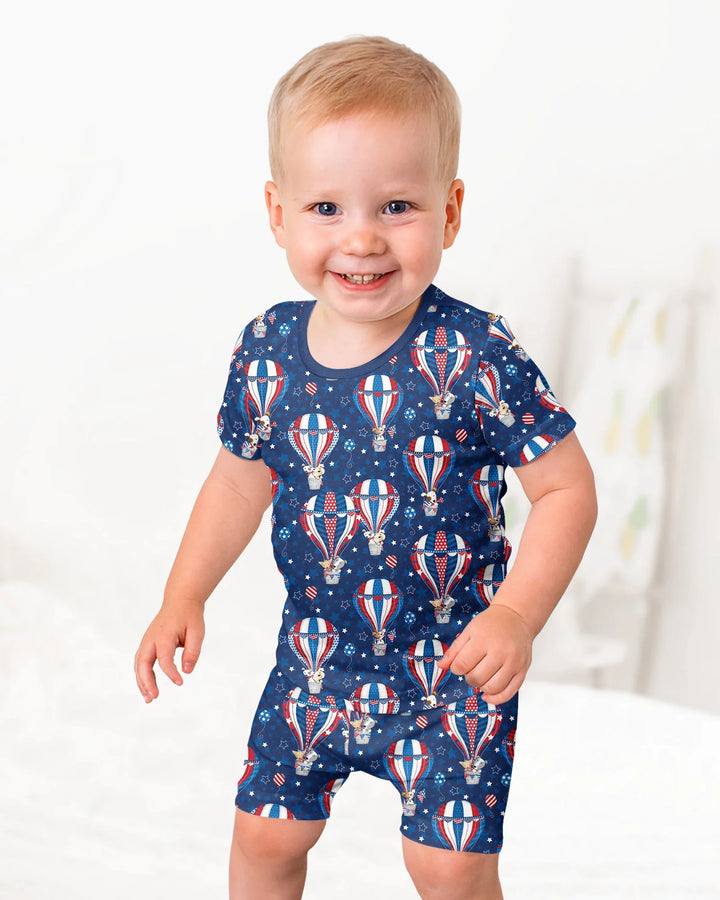 Patriotic Pups in Hot Air Balloons Family Matching Bamboo Two Piece Short Sleeve Shorts Pajama Set