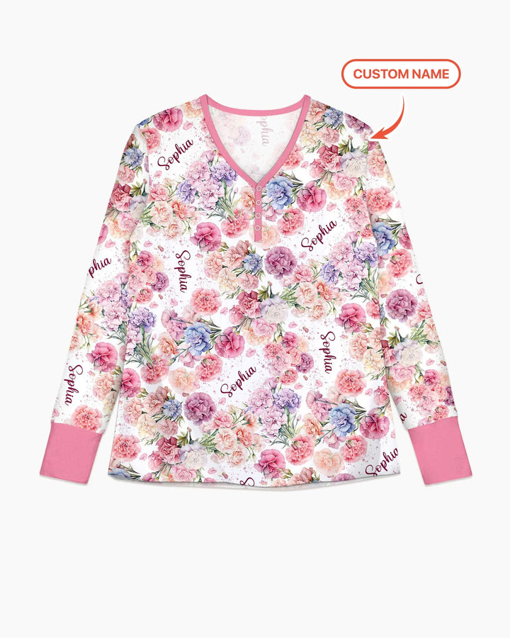 Benutzerdefinierter Name Geburtsmonatsblumen Bambus Damen Schlafanzug-Set