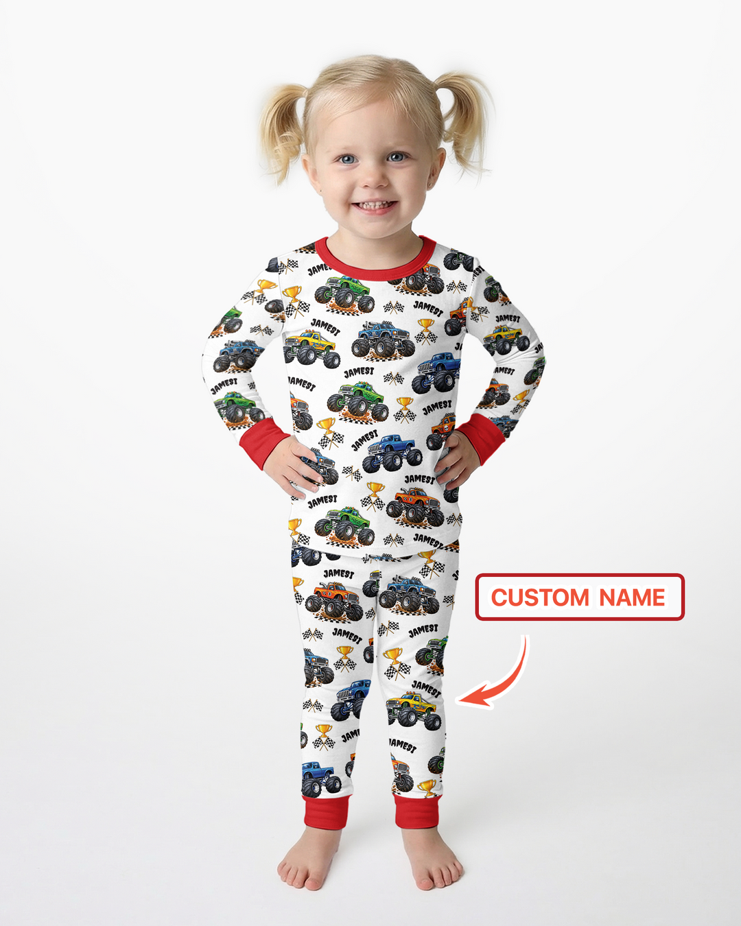 Custom Name Monster Trucks Bamboo Two Piece Long Sleeve Pajama Set