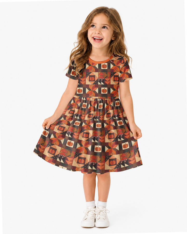 Vintage Pumpkin Patchwork Fall Bamboo Twirl Dress