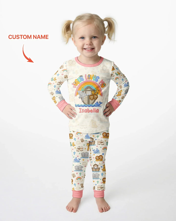 Custom Name Noah's Ark Jesus Loves Me Bamboo Two Piece Long Sleeve Pajama Set