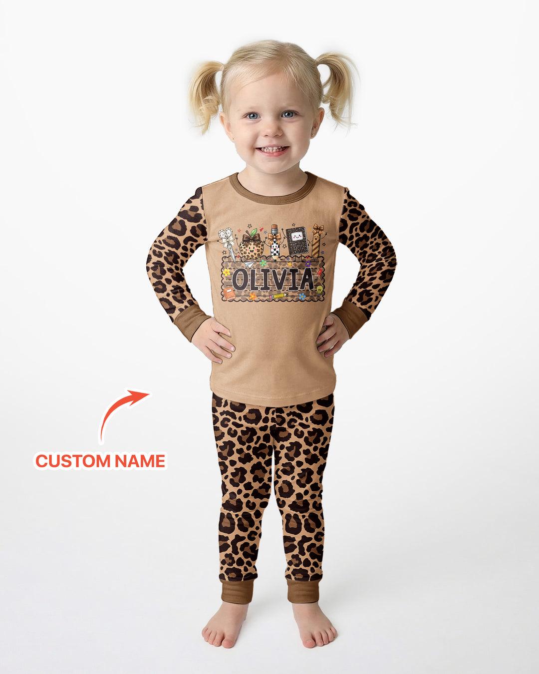 Custom Name School Sweetheart Leopard Bamboo Two Piece Long Sleeve Pajama Set