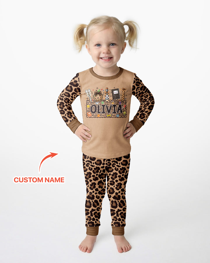 Custom Name School Sweetheart Leopard Bamboo Two Piece Long Sleeve Pajama Set