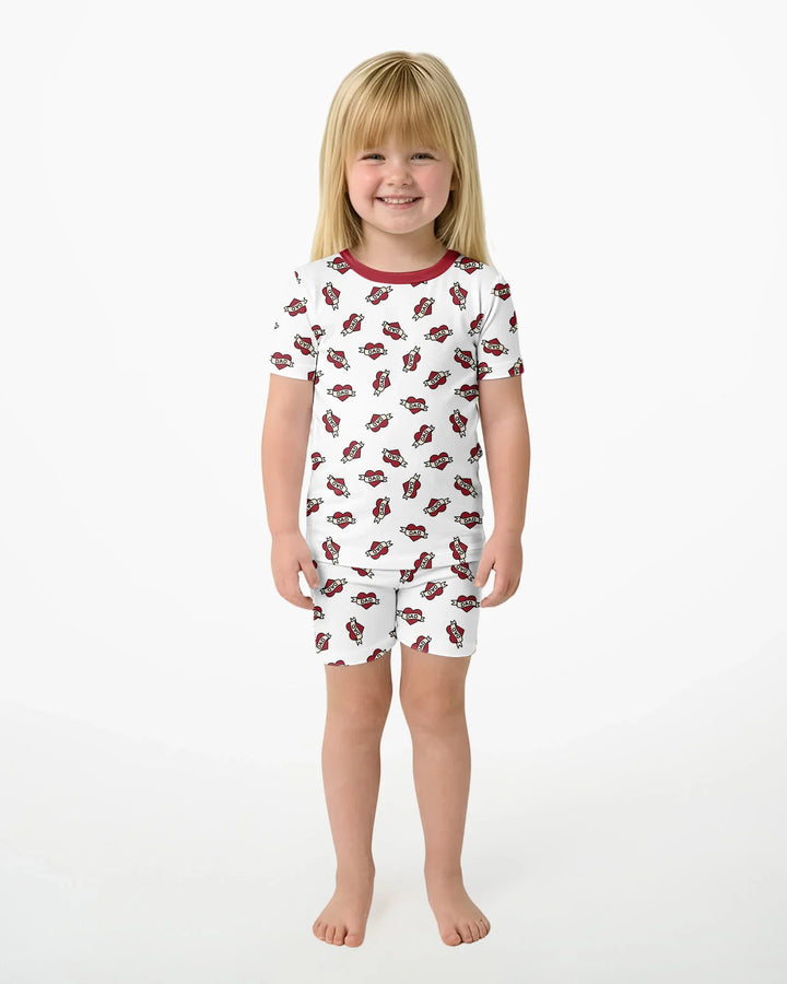 Old School Dad Hearts Daddy & Me Matching Bamboo Two Piece Short Sleeve Shorts Pajama Set