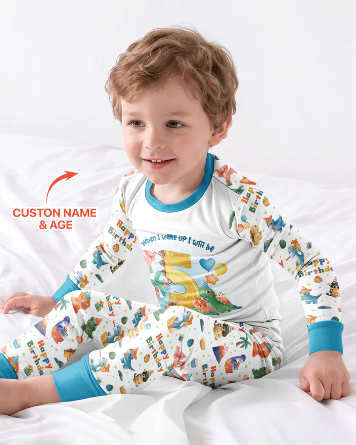 Custom Name When I Wake Up Birthday Dino Bamboo Two Piece Long Sleeve Pajama Set