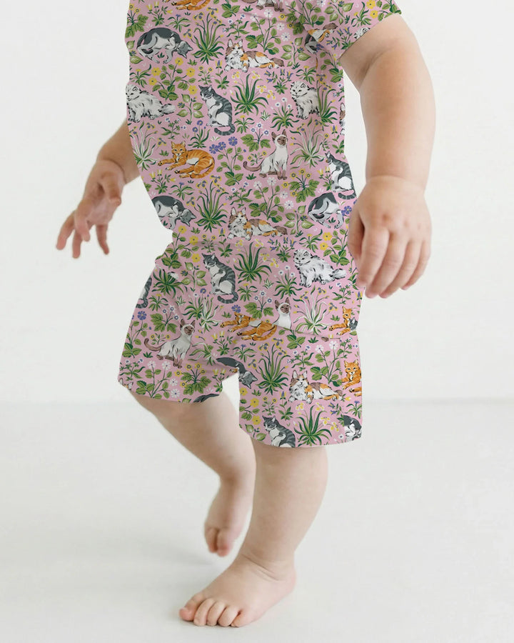 Pijama de dos piezas de bambú de manga corta y pantalón corto a juego para la familia de Kitten Garden