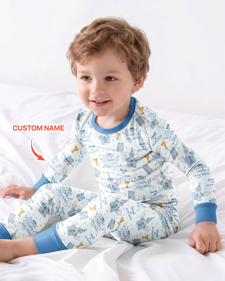 Custom Name Baptism Christening Straight Outta Holy Water Bamboo Two Piece Long Sleeve Pajama Set