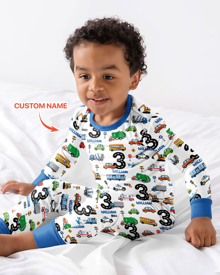 Personalized Birthday Boy Transportation Vehicles Bamboo Two Piece Long Sleeve Pajama Set