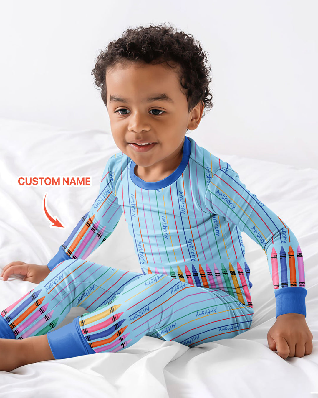 Custom Name Crayon Lines Bamboo Two Piece Long Sleeve Pajama Set