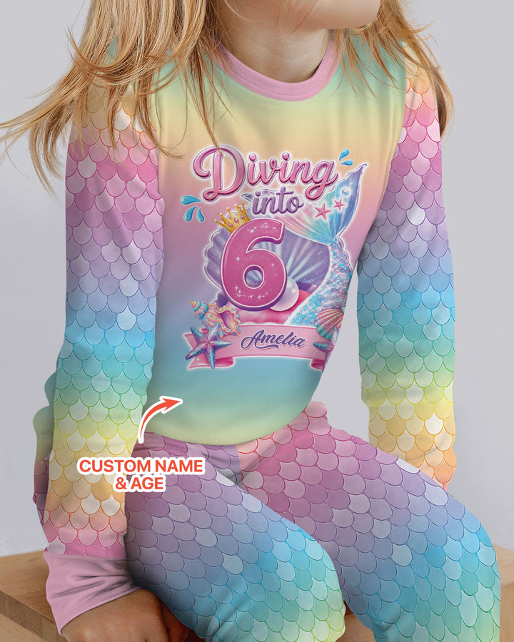 Mermaid Birthday Custom Name & Age Bamboo Two Piece Long Sleeve Pajama Set
