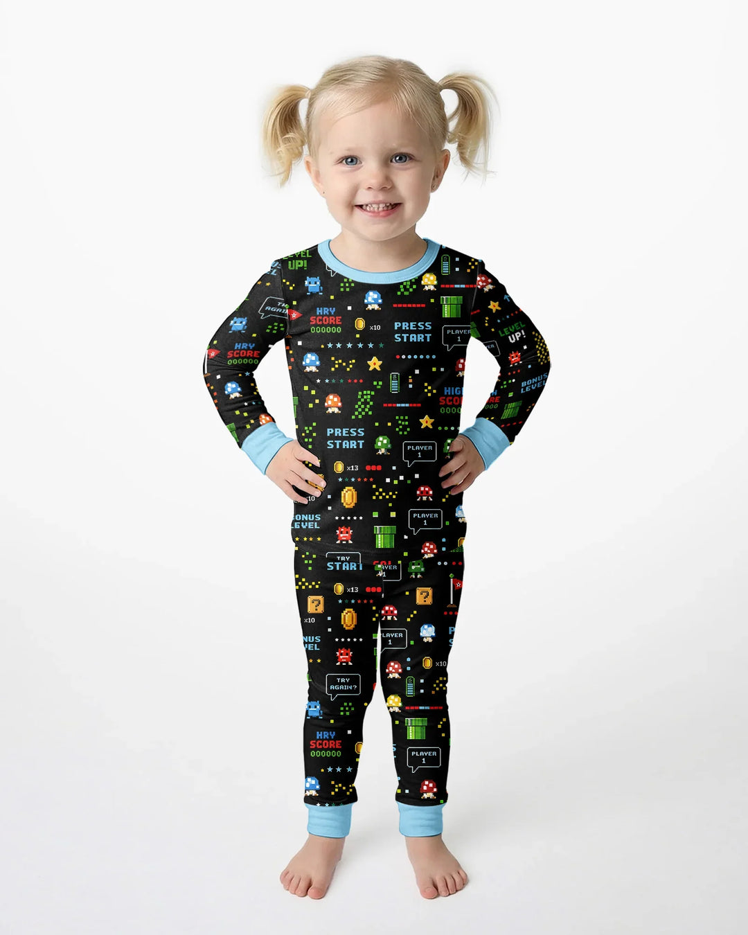 Pijama de dos piezas de manga larga de bambú con motivos de amantes de los videojuegos Pixel