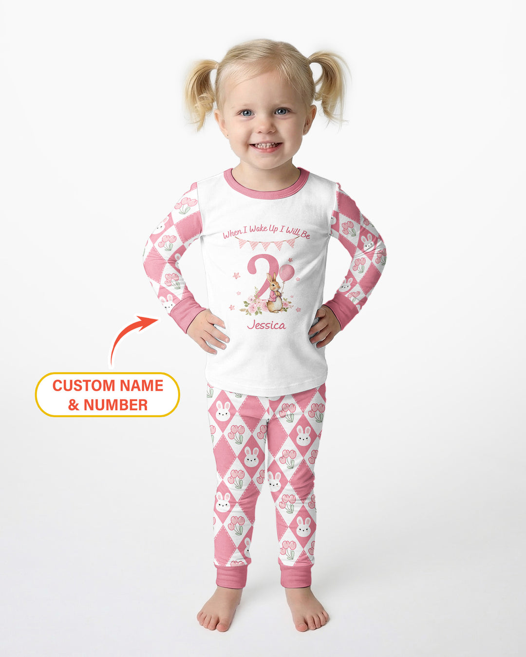 Custom Name When I Wake Up Bunny Birthday Bamboo Two Piece Long Sleeve Pajama Set