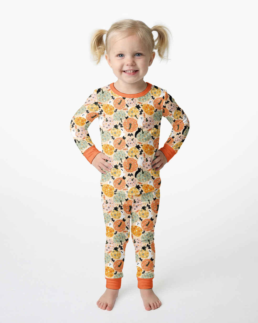 Floral Pumpkin Ghost Halloween Bamboo Two Piece Long Sleeve Pajama Set