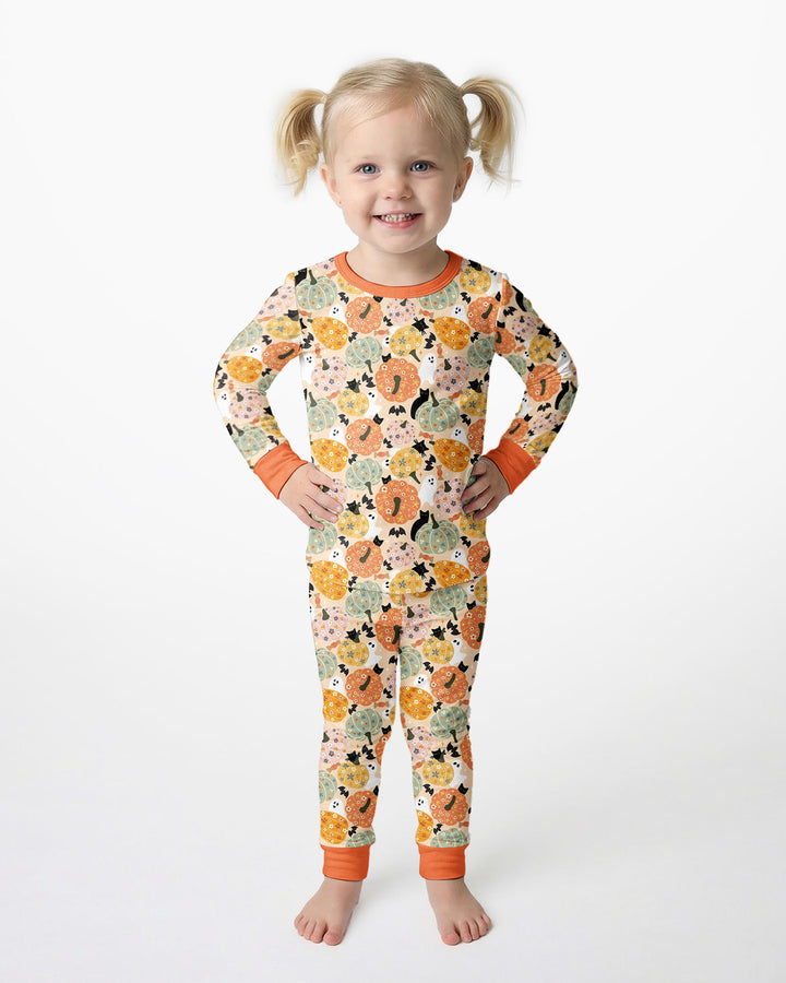 Floral Pumpkin Ghost Halloween Bamboo Two Piece Long Sleeve Pajama Set