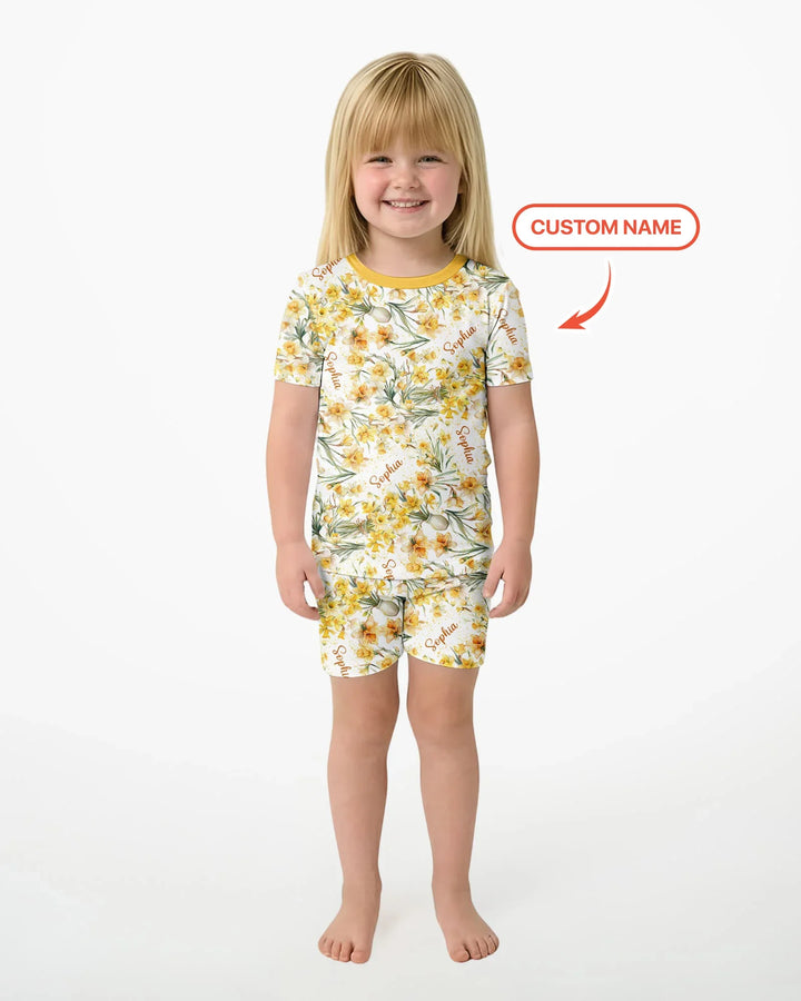 Custom Name Birth Month Flowers Bamboo Two Piece Short Sleeve Shorts Pajama Set