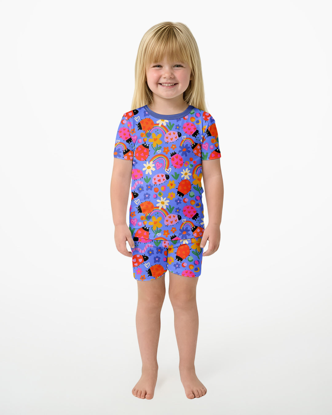 Conjunto de pijama de dos piezas de bambú con mangas cortas y shorts para niñas, diseño de mariquitas