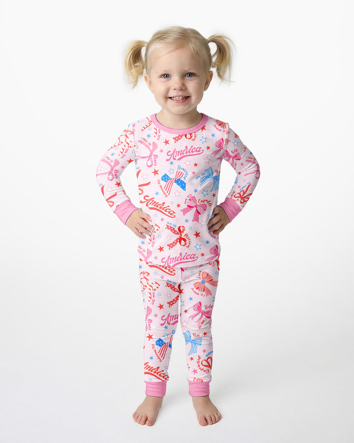 Pink Girly Patriotic Bamboo Two Piece Long Sleeve Pajama Set