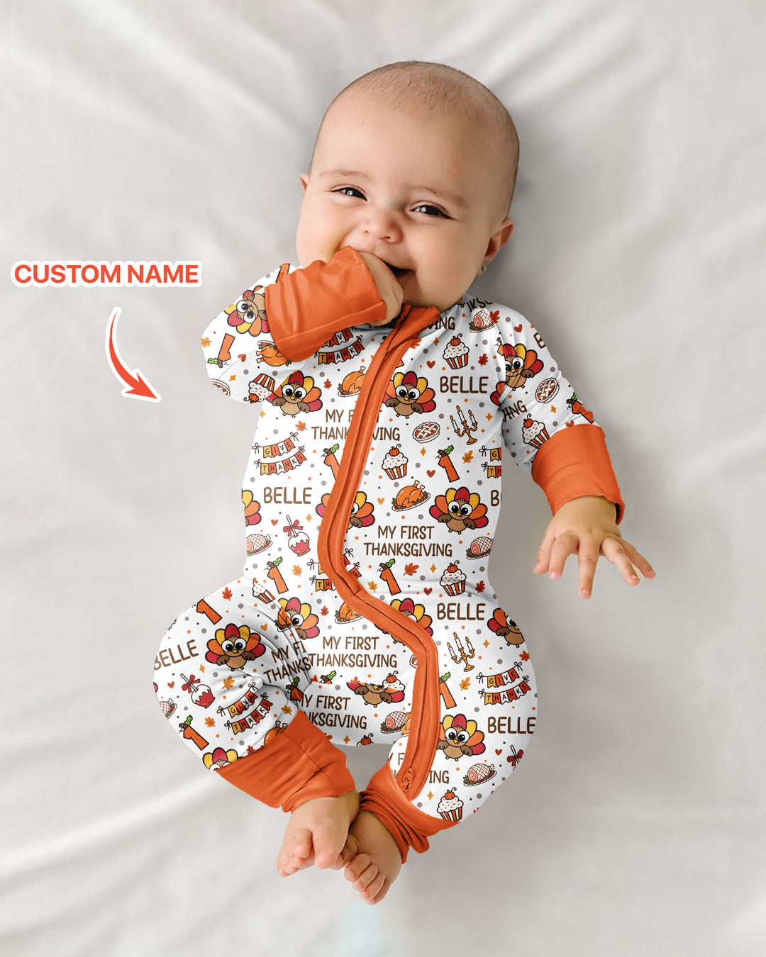 Custom Name Doodle Turkey My First Thanksgiving Bamboo Convertible Zippy