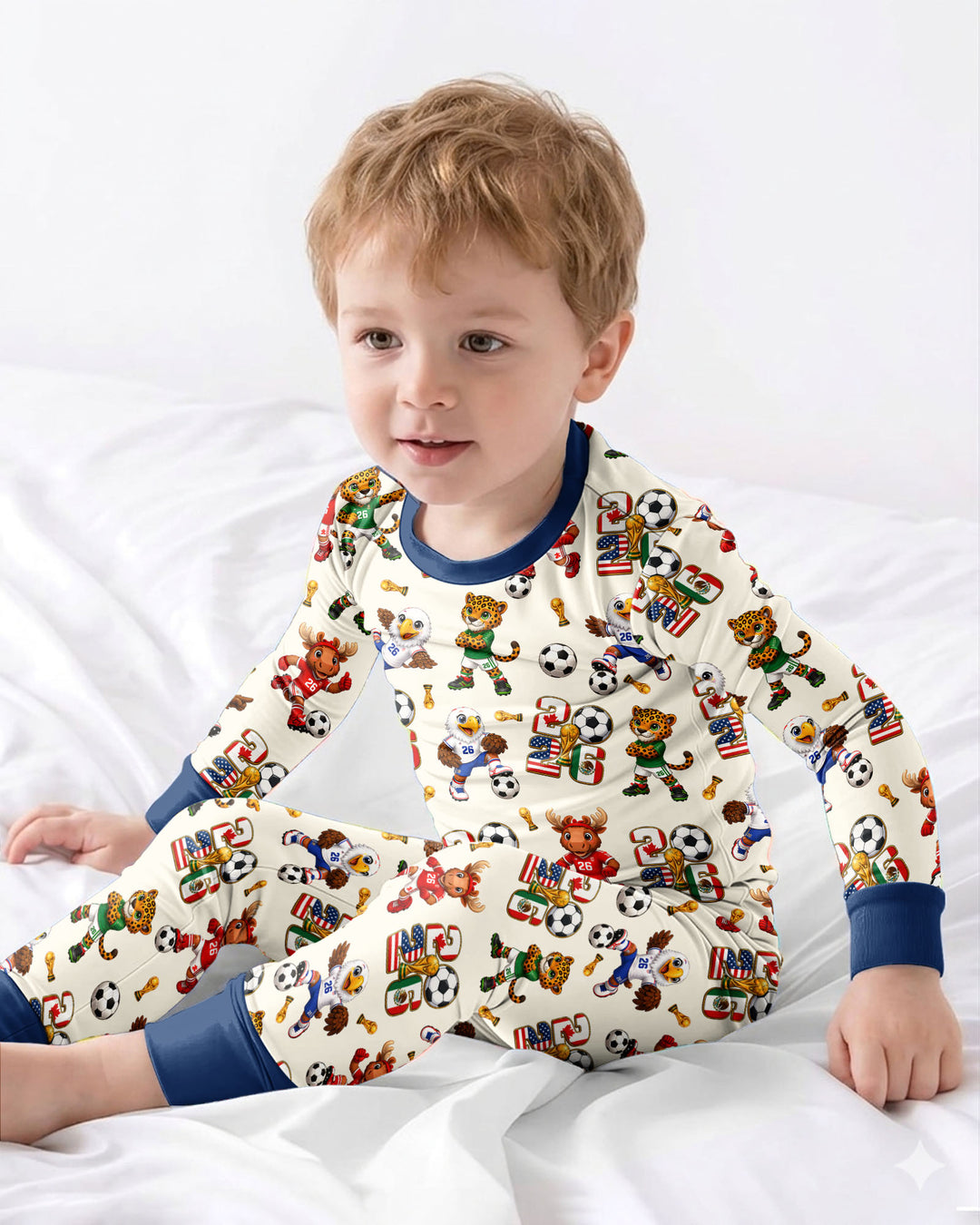 Cute Soccer Mascots USA CAN MEX Bamboo Two Piece Long Sleeve Pajama Set
