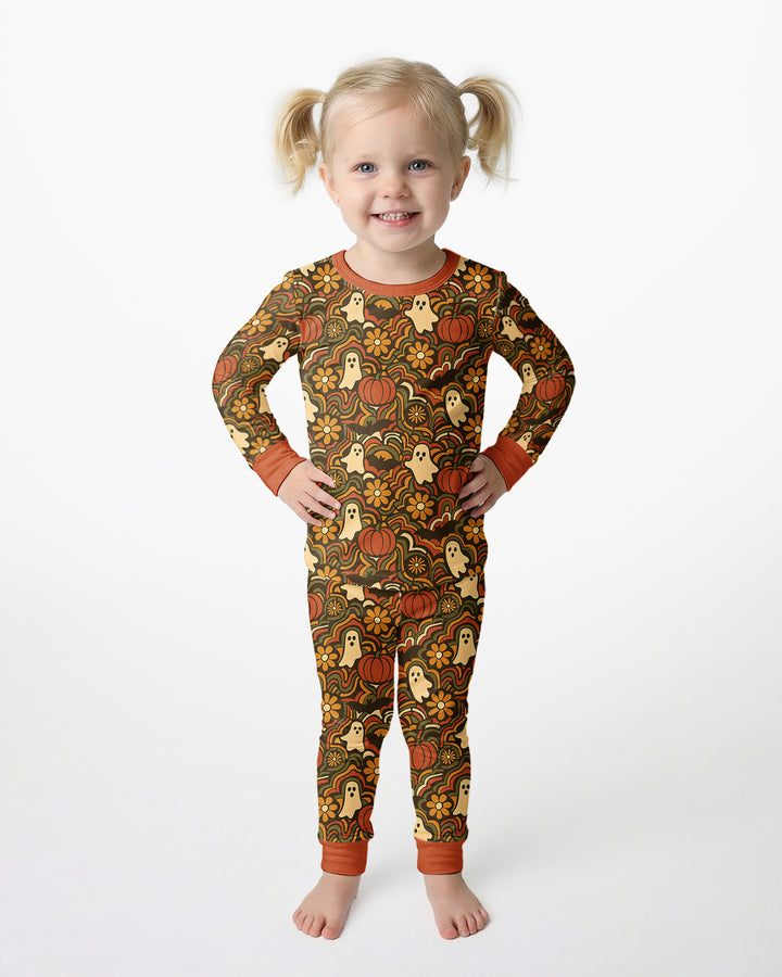 Retro Halloween Ghost Pumpkin Floral Bamboo Two Piece Long Sleeve Pajama Set