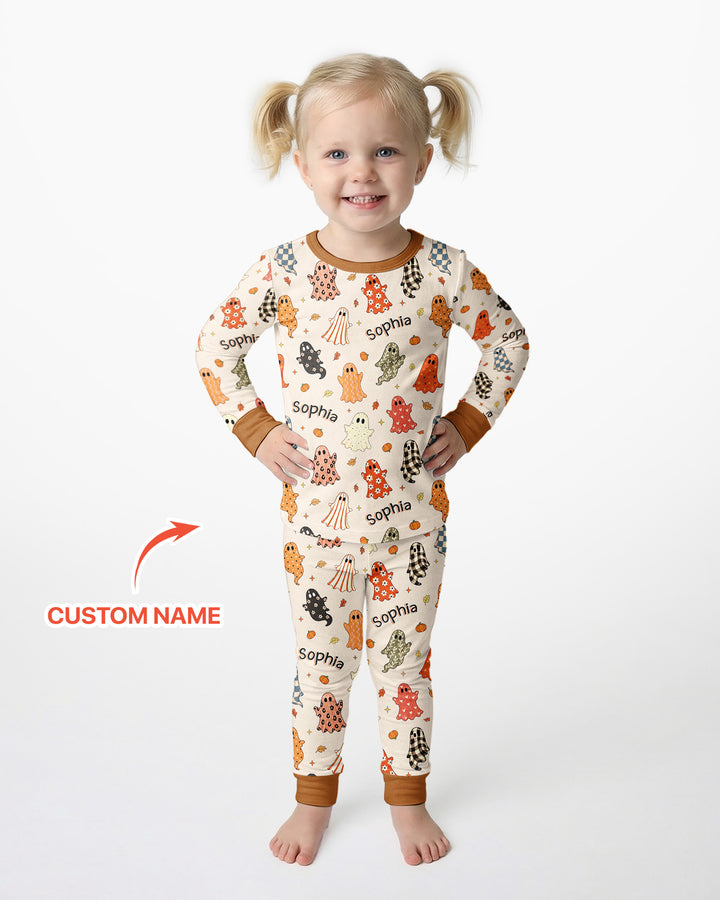 Custom Name Fall Ghost Bamboo Two Piece Long Sleeve Pajama Set
